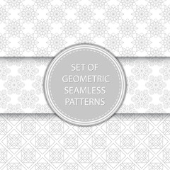 Compilation of geometric seamless patterns. Gray designs on white background