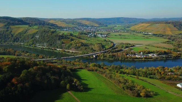 Aerial view of Saar River near Ayl in autumn, Saar Valley near Saaburg, Rhineland-Palatinate, Germany
