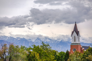 Church steeple in Salt Lake City on a cloudy day