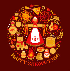 Vector set on the theme of the Russian holiday Carnival. Russian Shrovetide or Maslenitsa.