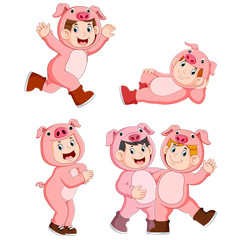 collection children wearing cute pig animal costumes