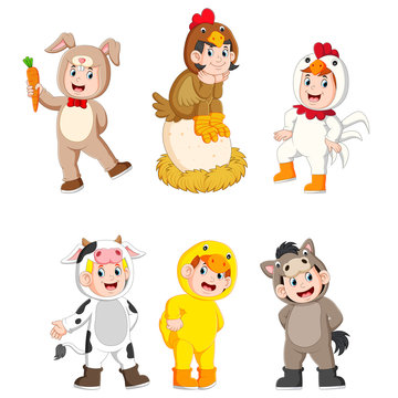 collection children wearing cute farm animal costumes