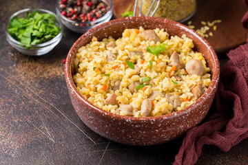 Bulgur with turkey, pork or beef. Eastern dish of rice, delicious traditional food. Stewed meat with grits. Pilaf on dark background