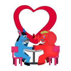 cartoon picture of donkey sitting with elephant with a big heart sign.
