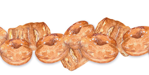 Seamless border, pastries, donuts and puff pastry
