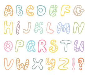 Hand drawn abc vector set isolated on white background. Cute doodle alphabet. Funny rounds letters