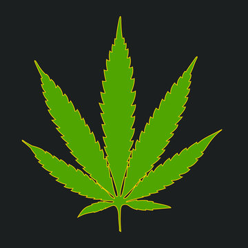 Marijuana Leaf Clipart. Green Cannabis Leaf Illustration,black background, green laef, yellow line