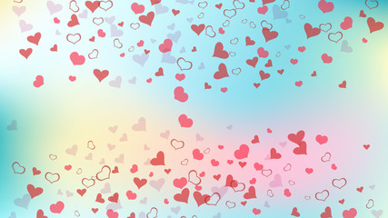 A sample of wallpaper design, textiles, packaging, printing, holiday invitation for birthday. Light background. Red on Gradient fond Vector. Red hearts of confetti crumbled.