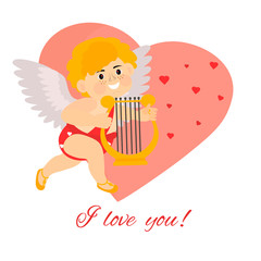Cute  little cupid with a harp on the background of the heart. Vector illustration isolated on white background for Valentine's day design.
