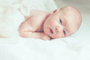portrait of a newborn baby in the parents ' bed.