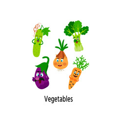 Hand drawn vector illustration of  vegetables: eggplant, onion, carrot, salad. Cute vegetables cartoon characters