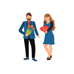 Naklejka premium Happy International Women's Day greeting card. Handsome man gives a bouquet of tulips to his girlfriend. Cartoon characters. Vector illustration