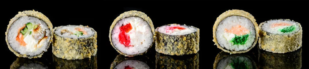Fotobehang baked hot sushi rolls on a dark background. Hot fried Sushi Roll Sushi menu © smspsy