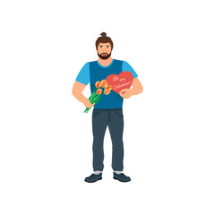 Handsome smiling man with a bouquet of flowers and a heart. Vector illustration on white background. Great holiday gift card. Cute character. Happy Birthday. Congratulations on March 8
