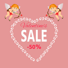 Banner for valentine's day sale with cupid with arrow and bow.   Seasonal sale. Vector illustration
