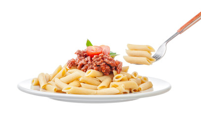 Fresh and delicious spagetti bolognese on white background