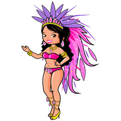 Beautiful Brazilian carnival dancer in a costume with feathers. Vector illustration
