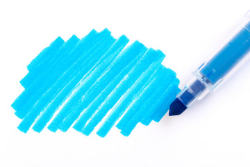 blue highlighter Pen and Doodles Isolated on White Background with Real Shadow.