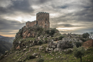 Medieval castle on a cliff on a cloudy day, Algoso, Vimioso, Miranda do Douro, Bragança,...