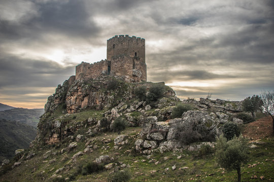 Medieval castle on a cliff on a cloudy day, Algoso, Vimioso, Miranda do Douro, Bragança, Tras-os-Montes, Portugal