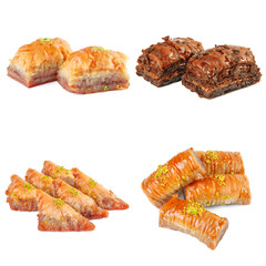 Tasty turkish sweets collage isolated on white