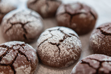 freshly baked chocolate cookies sprinkled with powdered sugar close-up