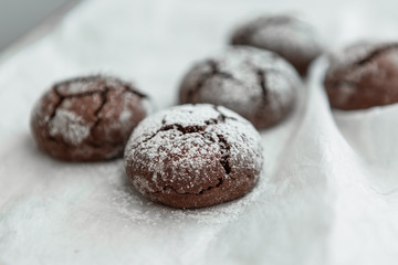 freshly baked chocolate cookies sprinkled with powdered sugar close-up