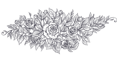 Elegant hand drawn graphic bouquet with rose flowers and leaves.