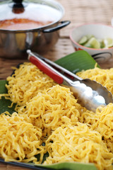 Thai cuisine, Khao Soi is a dish from Northern Thailand based curry with meat, Close up to Noodles.