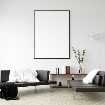 Mock up poster frame in home interior background, Modern style living room, 3D render