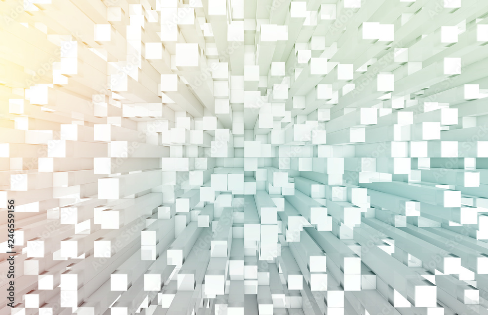 Fototapete glowing white and colorful abstract squares background pattern 3d rendering