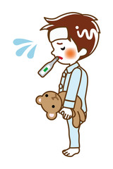 Standing Little boy who put clinical Thermometer into mouth - line art