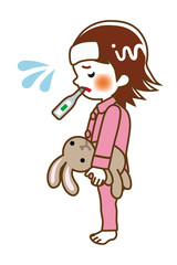 Standing Little girl who put clinical Thermometer into mouth - line art