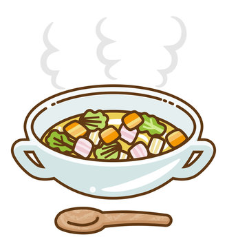 recommend clip art: Hot vegetable soup and spoon - line art