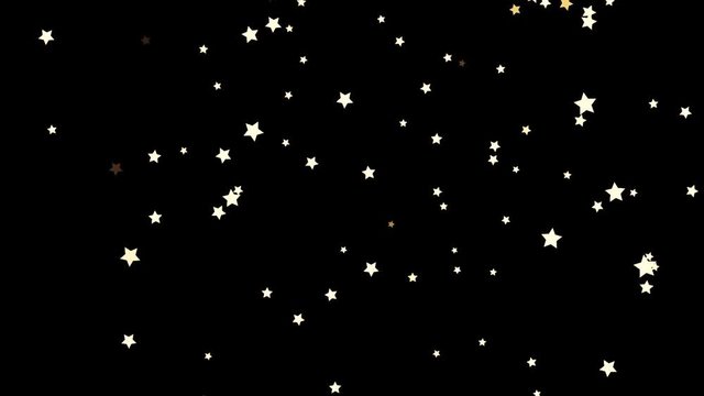 Beautiful, white shooting stars from bottom to top on black background, seamless loop. Small, five-pointed stars flying upwards chaotically, monochrome, kids cartoon, anime concept.