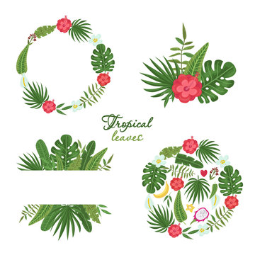 Set Of Wreath With Colorful Tropical Leaves And Flowers