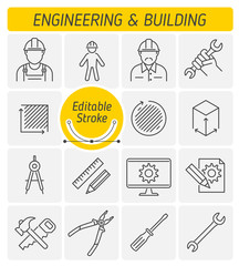 The engineering and building outline icon set. The repair, construction, industrial tools. The worker and engineer in a hard hat and helmet symbols. Thin linear vector icons with editable strokes.