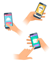 A hands make an orders online on the smartphones. Female and male hands are getting a taxi, ordering a delivery a food and goods. The sevices icons on the screens. Flat vector concept illustration.