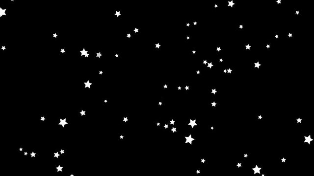 Shiny, white stars moving upwards endlessly on black background, kids cartoon. Small, beautiful stars flying from bottom to top, monochrome, seamless loop.