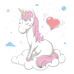 Lovely cute unicorn sits on white cloud with a big heart and the bubbles around. Spring card
