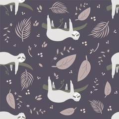 Obraz premium Cute sloth on the branch seamless pattern Vector illustration