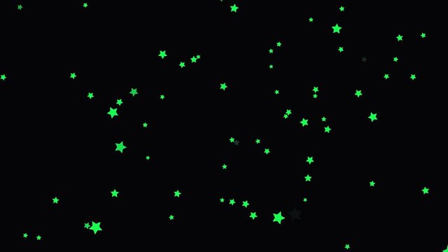 Beautiful, green shooting stars from bottom to top on black background, cartoon animation, seamless loop. Small, five-pointed stars flying upwards chaotically, kids cartoon, anime concept.