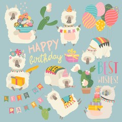 Cartoon character of funny alpaca llama with birthday theme