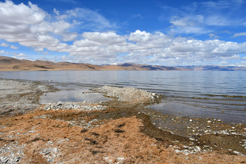 China, Tibet. High-mountain holy lake Tarok in summer in cloudy weather