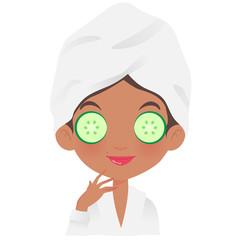 black girl spa wearing cucumber mask