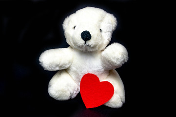 White Teddy with a red heart on black background