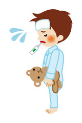 Standing Little boy who put clinical Thermometer into mouth