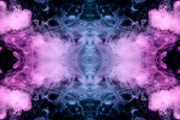 The cosmic dust uniting in a fascinating pattern, interlaced with smooth waves of smoke, exuding vape, shimmering violet, pink, blue color on a dark background. T-shirt print.