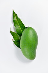 Green mango and leaf on whitebackground.