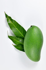 Green mango and leaf on whitebackground.
